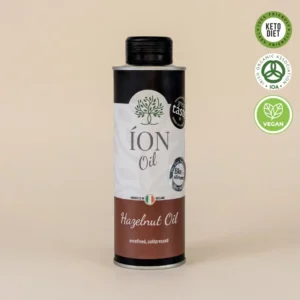 Organic Hazelnut Oil bottle - ÍON cold-pressed organic oil (packaging detail)