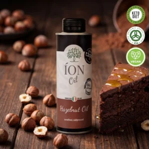 Organic Hazelnut Oil bottle - ÍON cold-pressed organic oil (packaging detail)