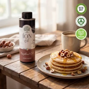 Organic Hazelnut Oil bottle - ÍON cold-pressed organic oil (packaging detail)