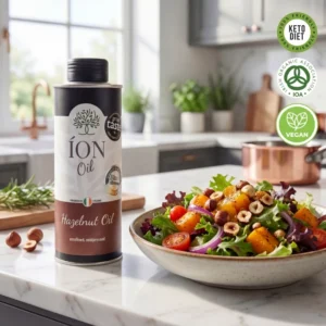 Organic Hazelnut Oil bottle - ÍON cold-pressed organic oil (packaging detail)