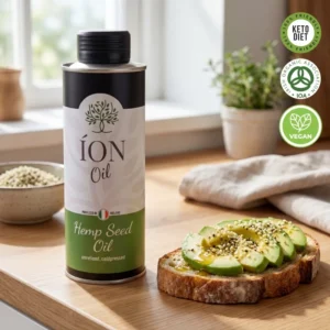 Hemp Seed Oil bottle - ÍON cold-pressed organic oil (packaging detail)